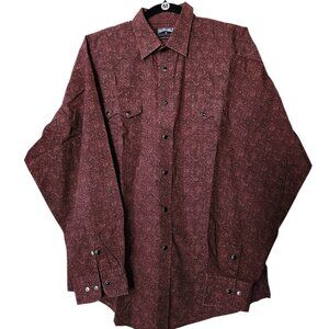 Men's PANHANDLE SLIM Burgandy Paisley Long Sleeve Pearl Snap Button Up Shirt (L)